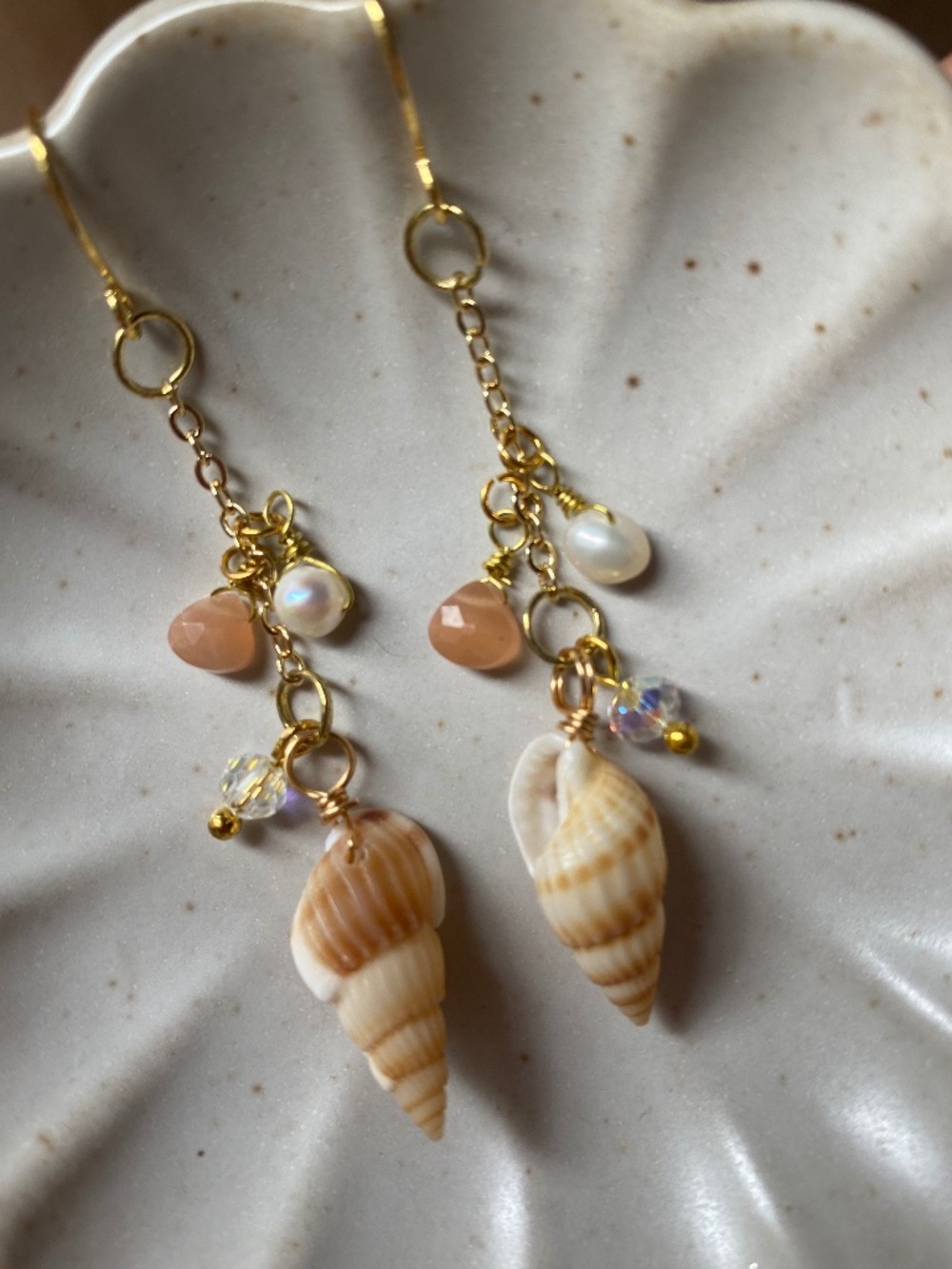 Seashell chain dangle earrings with semiprecious stone and freshwater pearl
